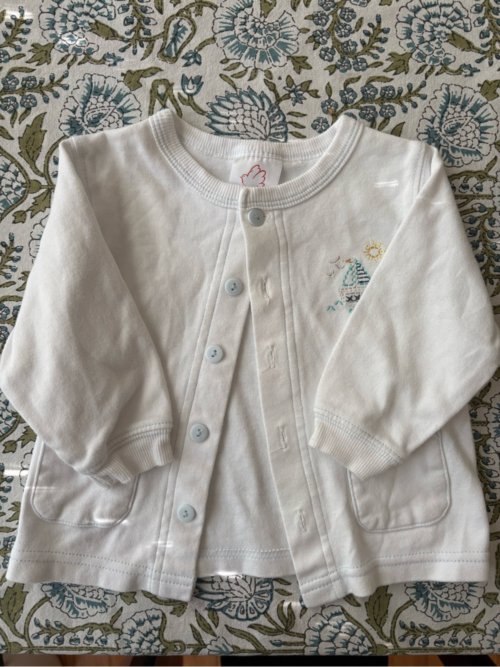 Baby White Cotton Button Cardigan sailboat embroidery